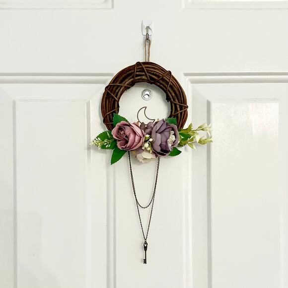 Handmade Floral Mini Wreath with Crystals, Moon & Chain Drop 6” Purple Pink - Picture 5 of 7